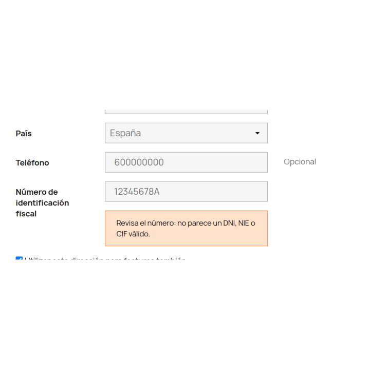 Invalid DNI warning in the PrestaShop Classic theme