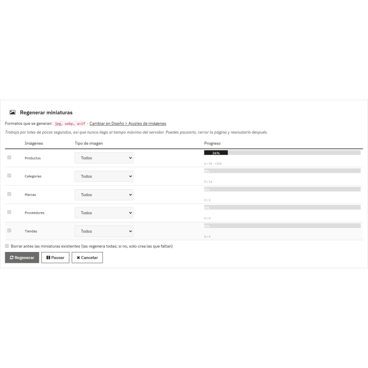 Regeneración de miniaturas por lotes con barra de progreso en PrestaShop
