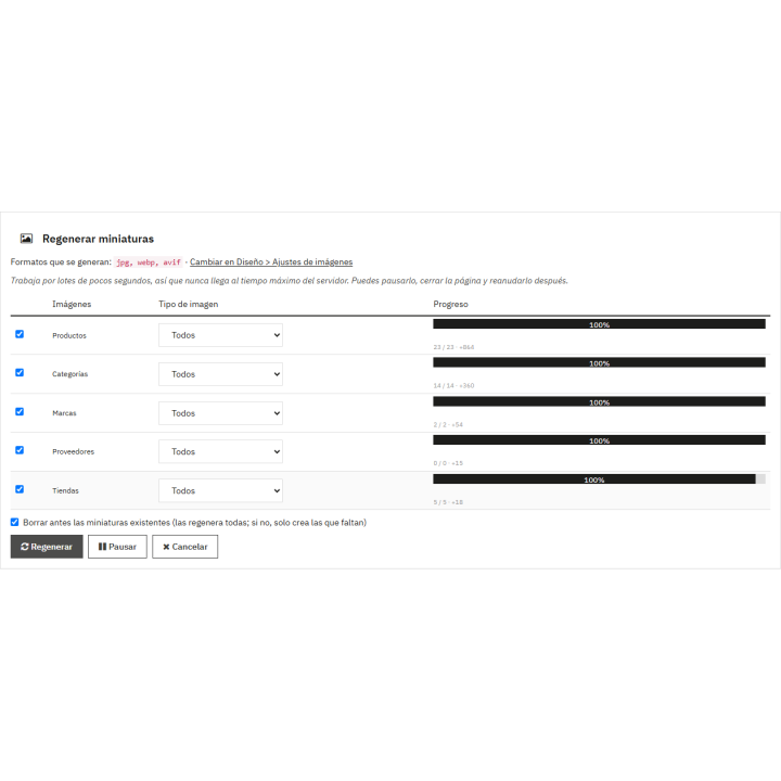 Miniaturas jpg, WebP y AVIF regeneradas en PrestaShop
