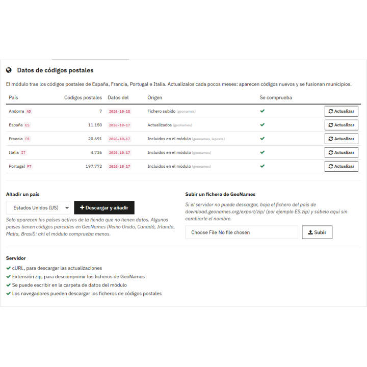 Postcodes of Spain, France, Portugal and Italy included in the module