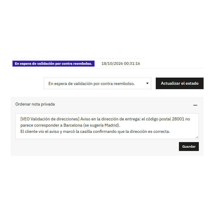 Nota privada del pedido con el aviso de la dirección