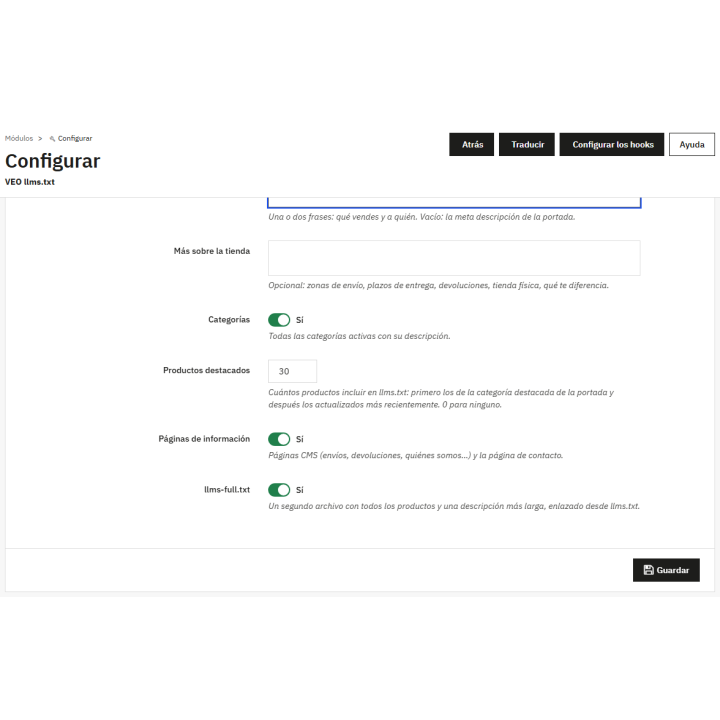 llms.txt file settings in PrestaShop