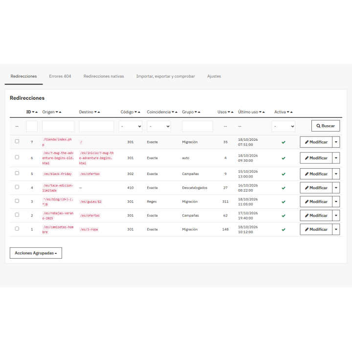 List of 301 and 410 redirects in PrestaShop
