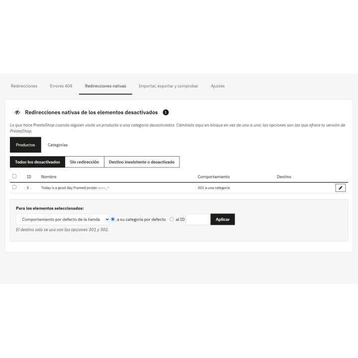 Redirecciones de productos desactivados en PrestaShop
