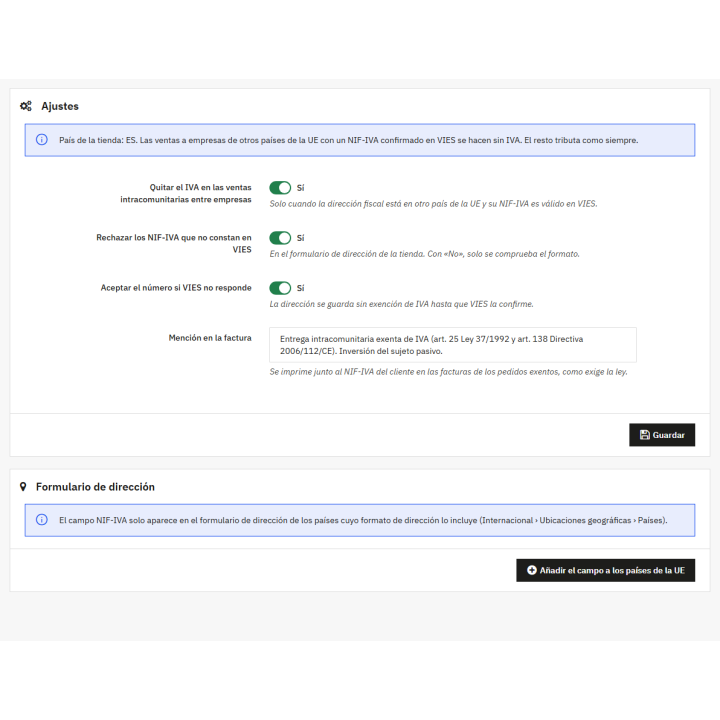 Configuración de la exención de IVA intracomunitario en PrestaShop