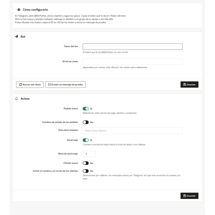 Telegram bot settings in PrestaShop
