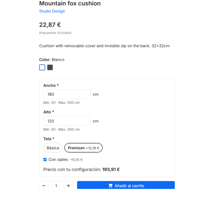 Made-to-measure product page with live price in PrestaShop