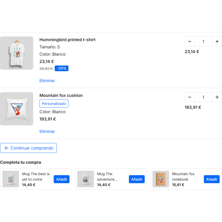 PrestaShop cart with a customized made-to-measure product