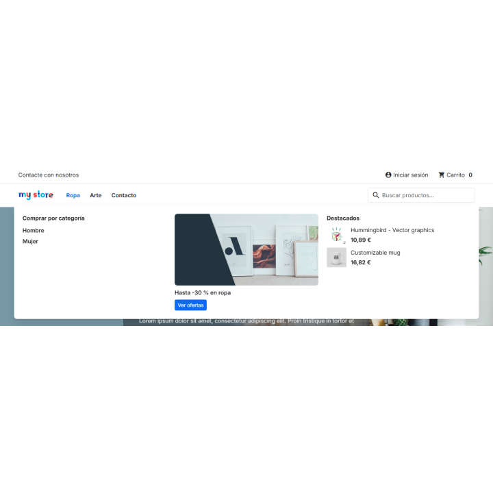 Megamenú desplegado con columnas de categorías y banner en PrestaShop