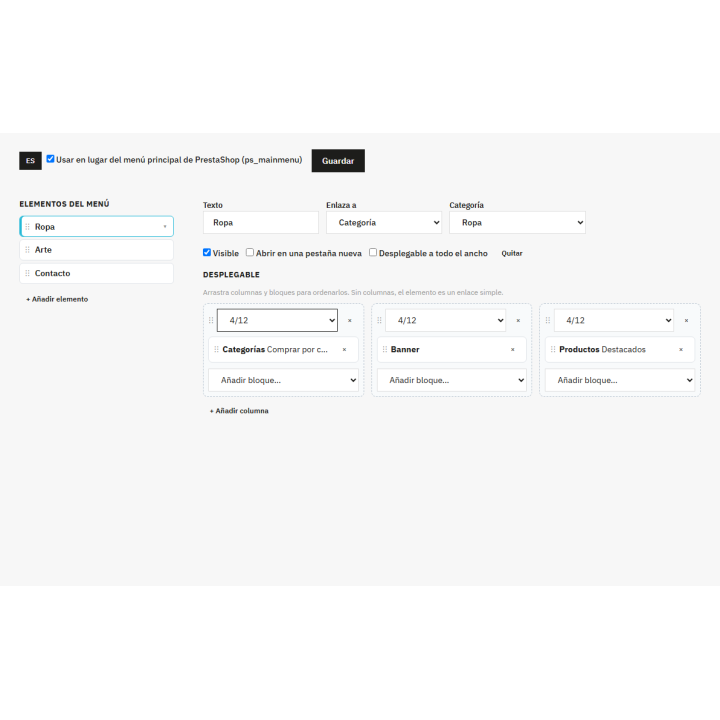 Drag and drop mega menu editor