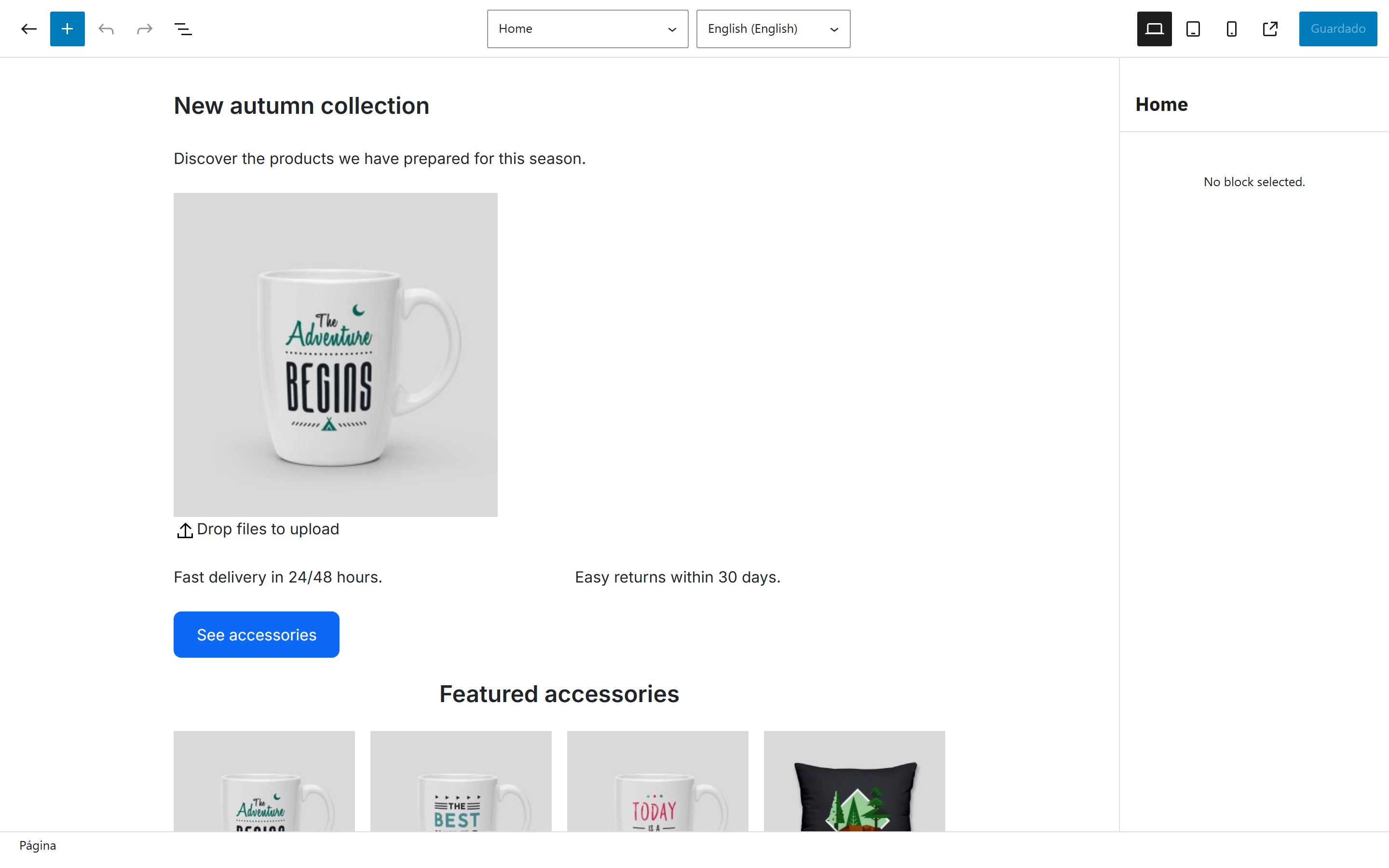 PrestaShop home page open in the block editor, with the block settings panel