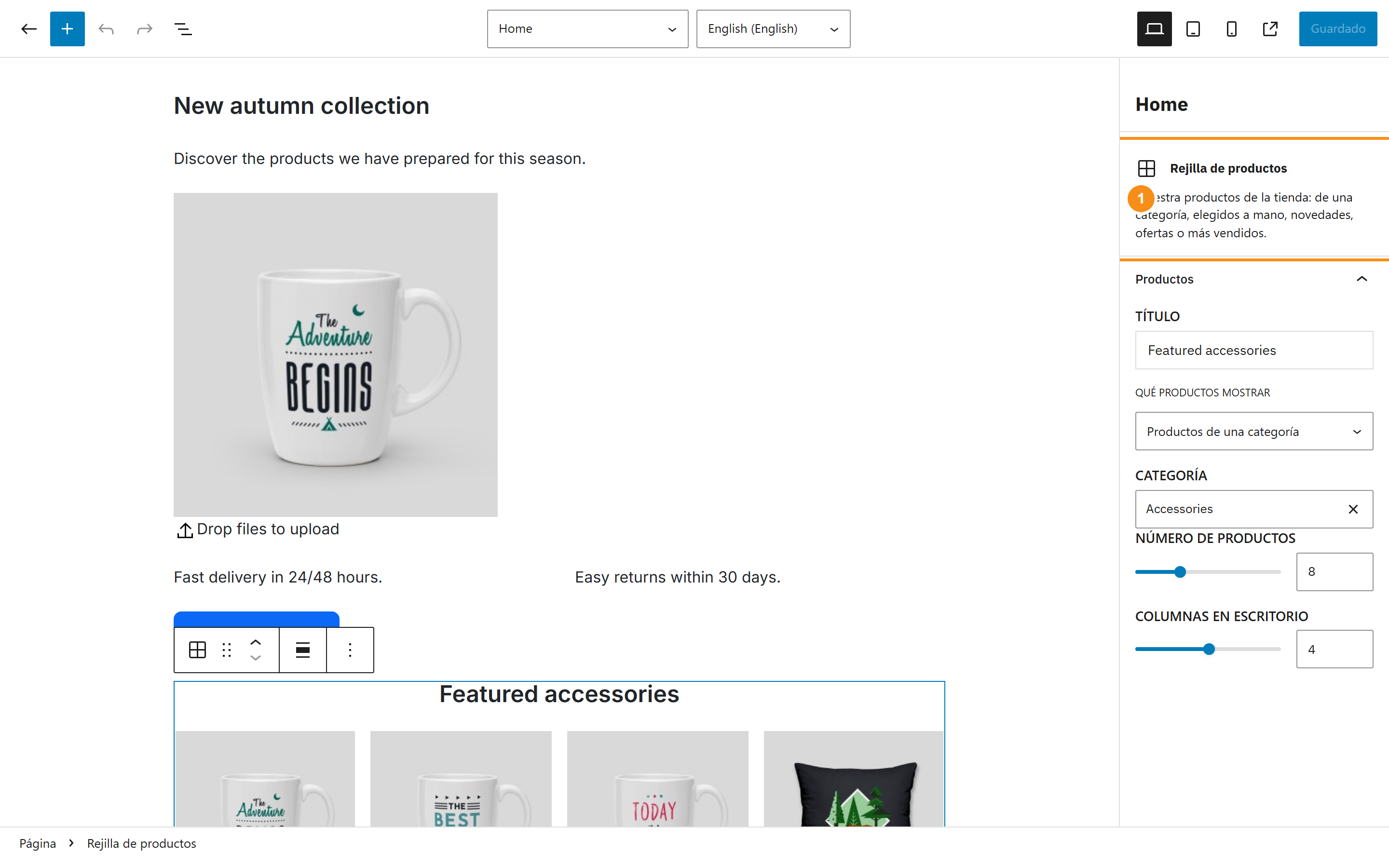 Campaign pattern with a cover and a grid of products on sale in the block editor