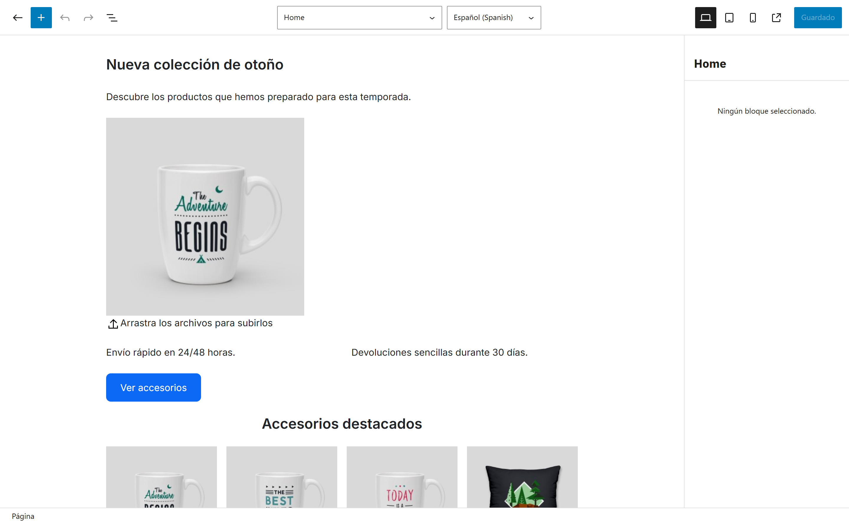 Home de PrestaShop abierta en el editor de bloques, con el panel de ajustes del bloque