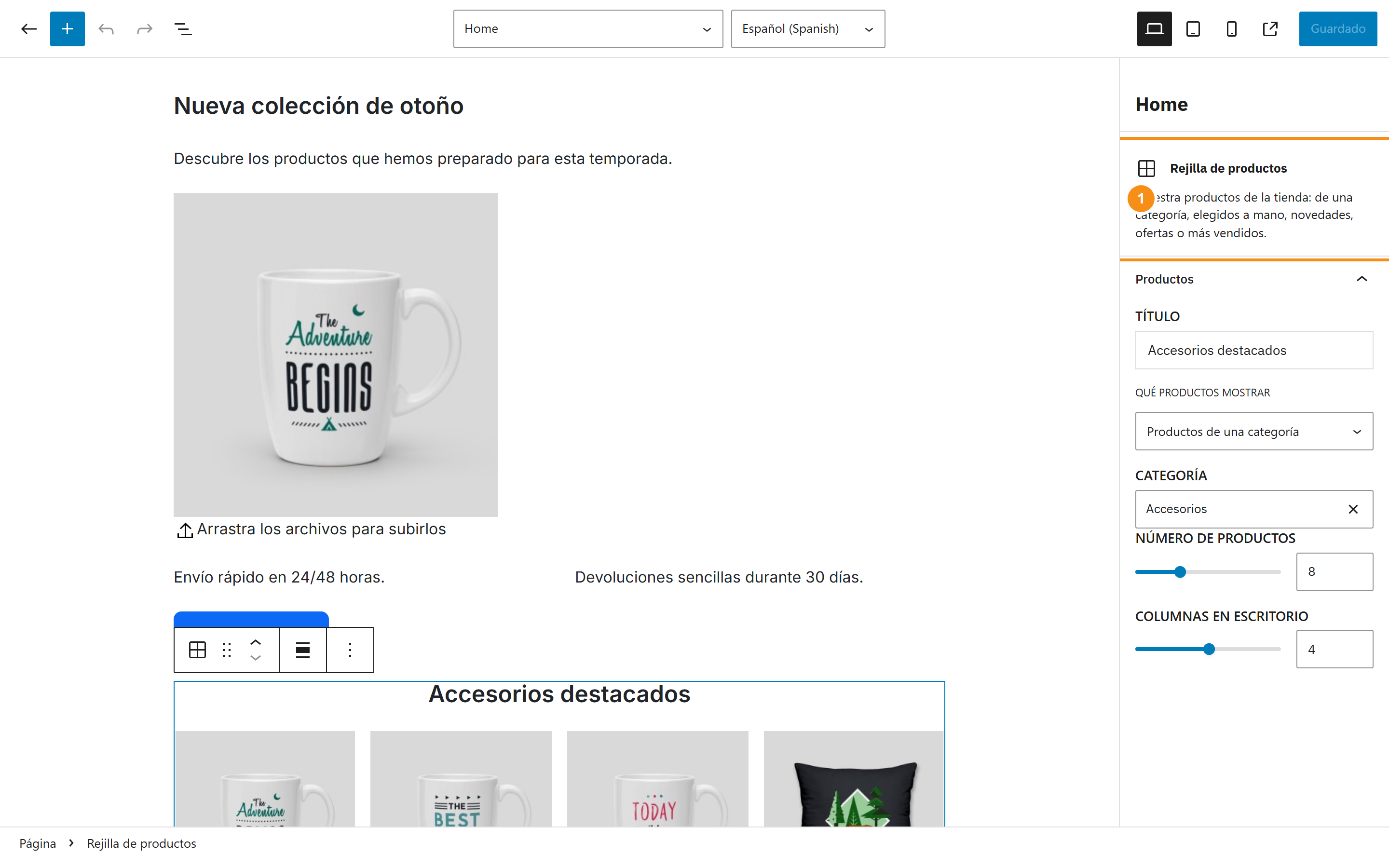 Patrón de campaña con portada y rejilla de productos en oferta en el editor de bloques