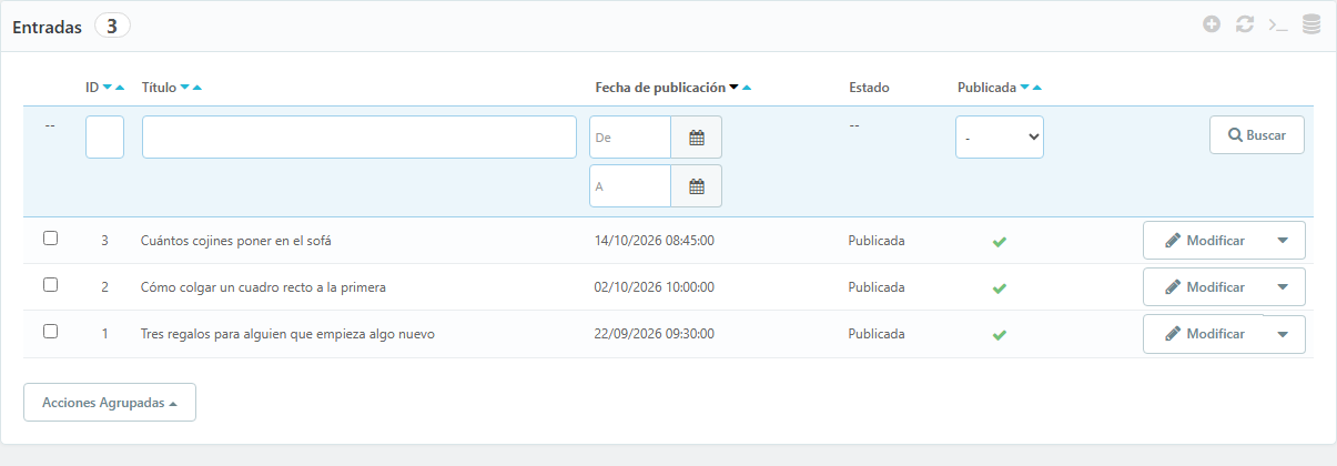 Listado de entradas en el back office