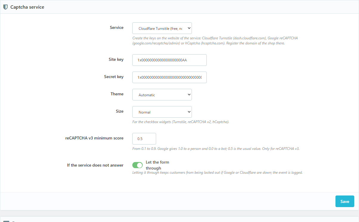 Settings: service, keys and forms
