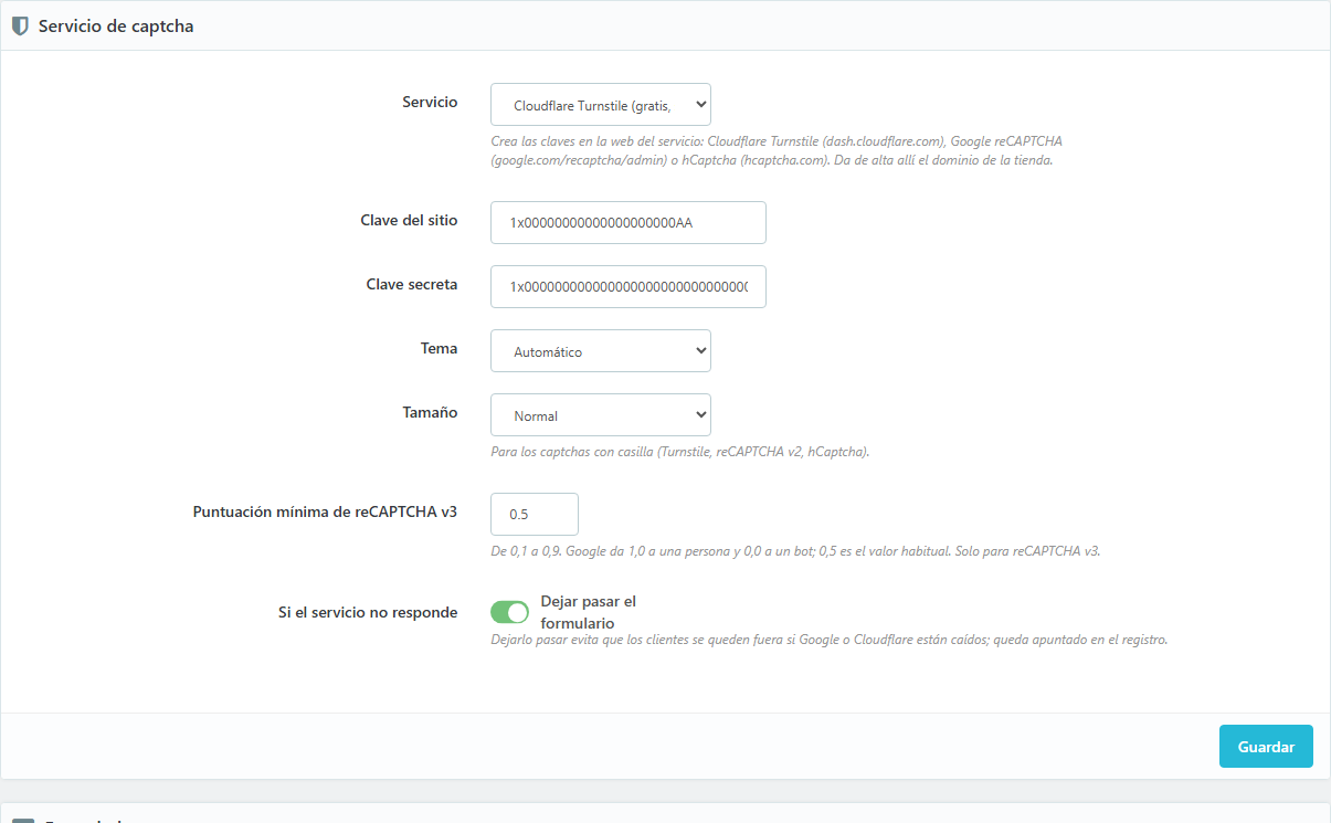 Configuración: servicio, claves y formularios