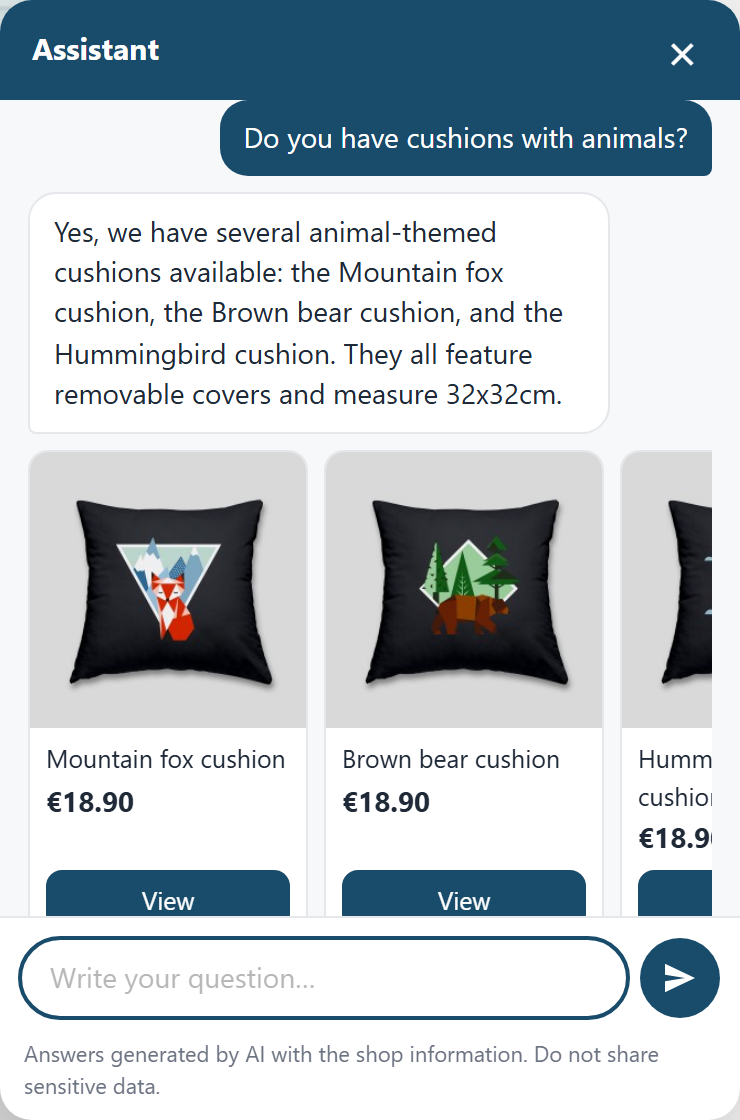 PrestaShop chatbot recommending cushions from the catalog with their product cards