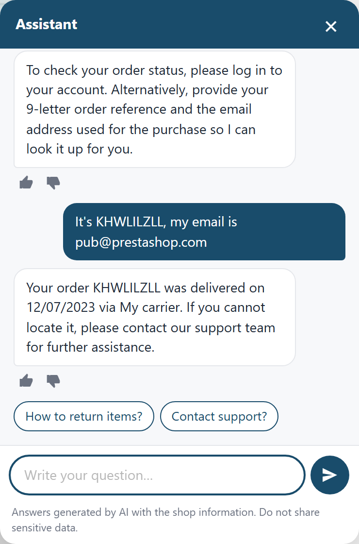 Checking an order status with the reference and email in the shop chat