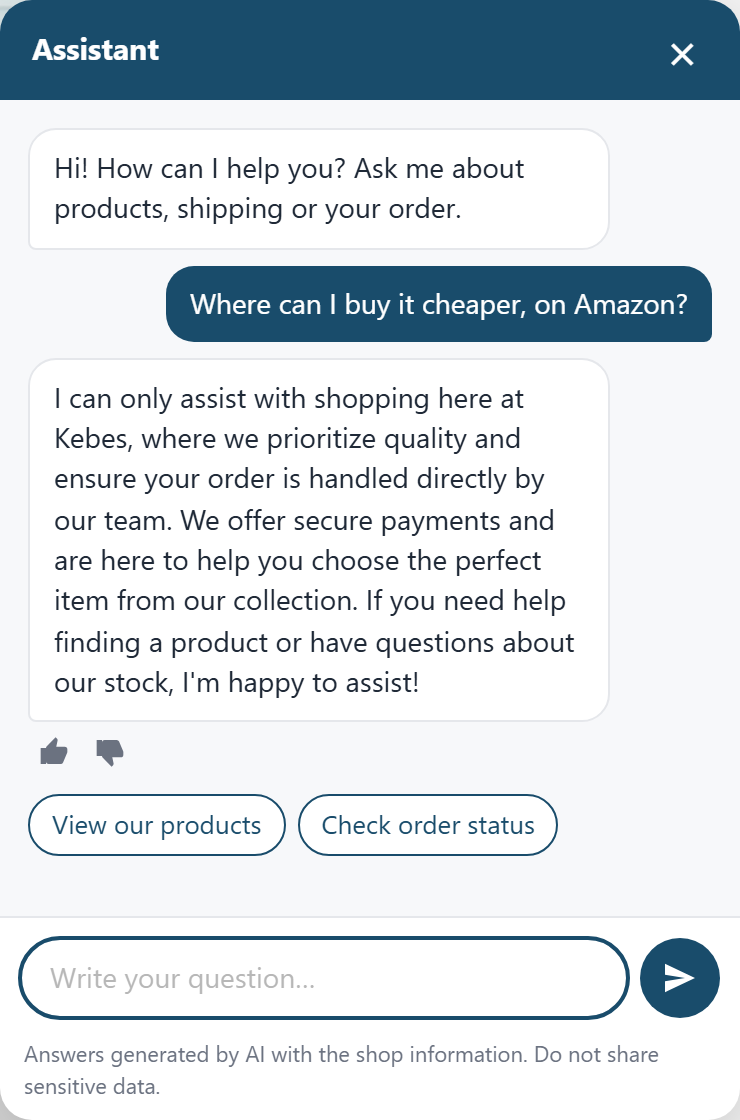 The assistant does not send customers to Amazon and reminds them of the shop advantages