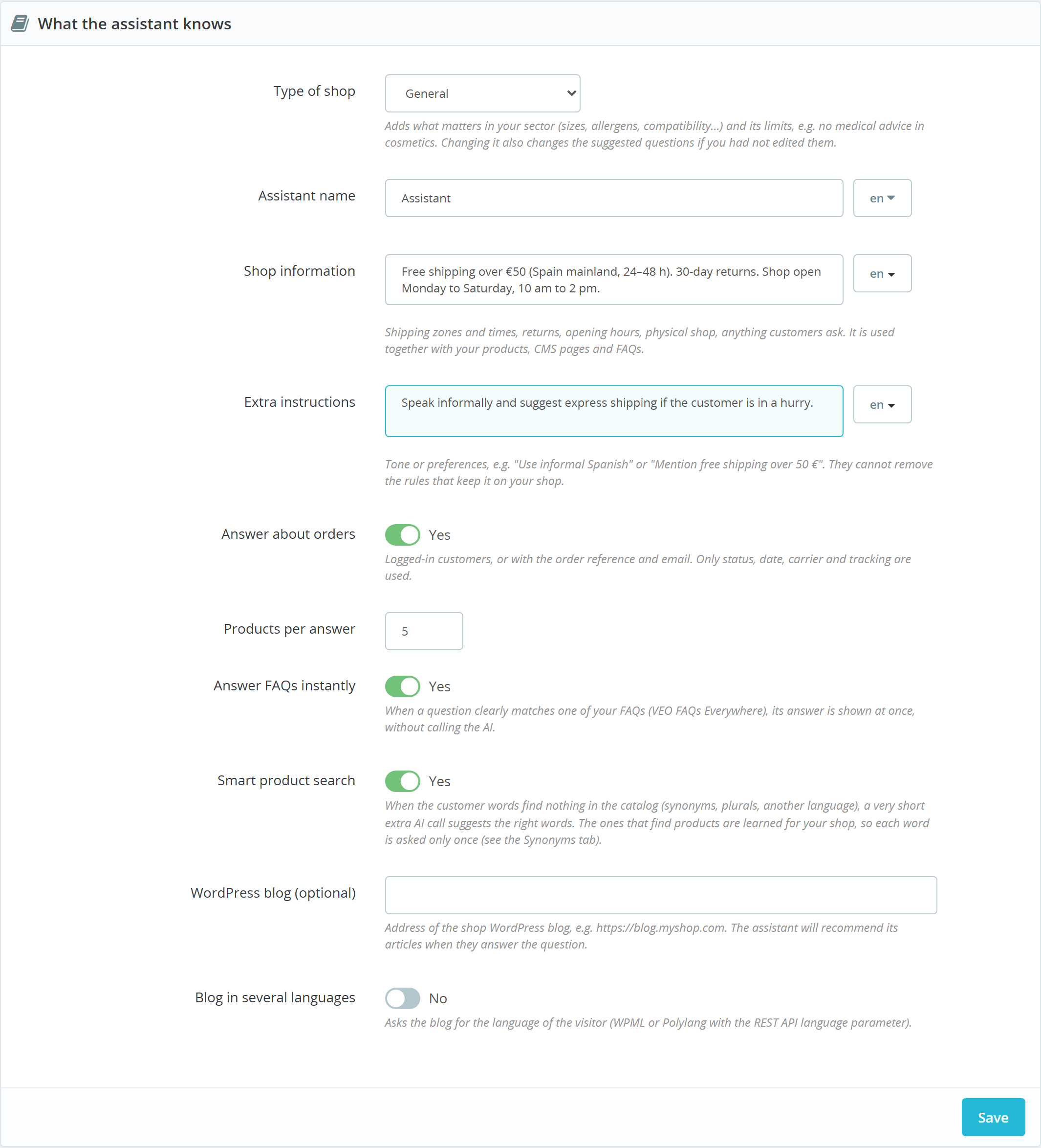 Chatbot settings in the back office: shop type, information, orders and FAQs