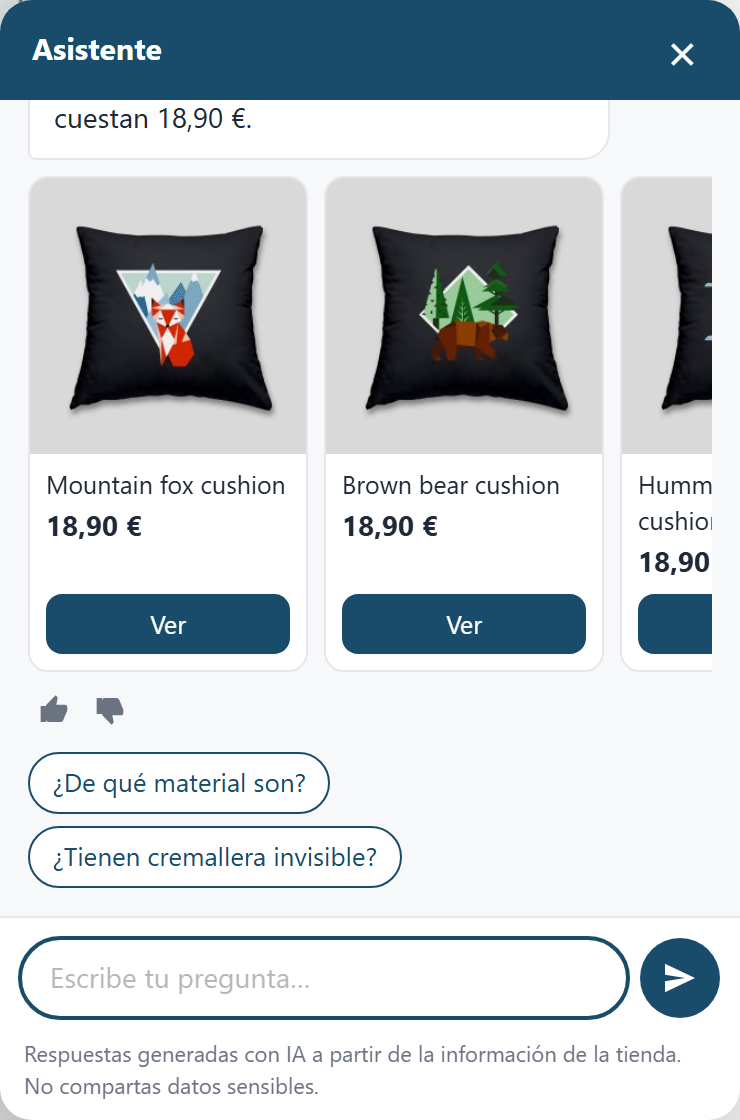 Chatbot de PrestaShop recomendando cojines del catálogo con su tarjeta de producto