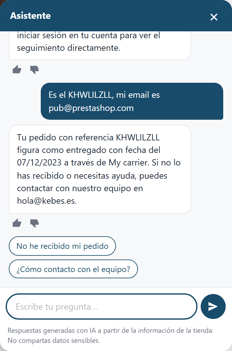 Consulta del estado de un pedido con la referencia y el email en el chat de la tienda