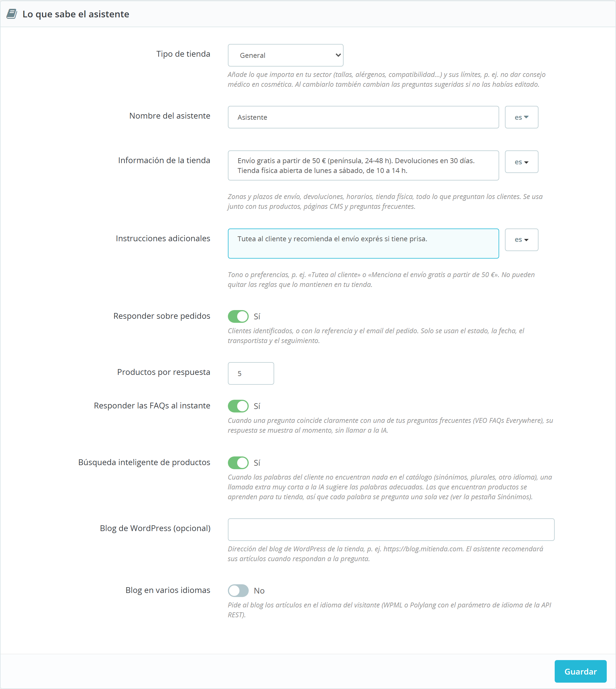 Configuración del chatbot en el back office: tipo de tienda, información, pedidos y FAQs
