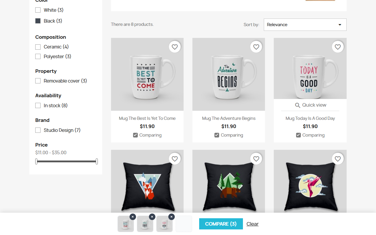 Compare button in the product list and bar with the selected products