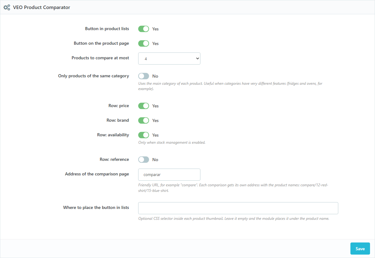 Comparator settings