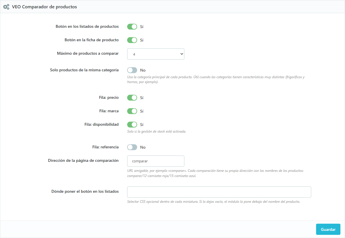 Configuración del comparador