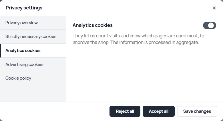 Cookie settings panel by category