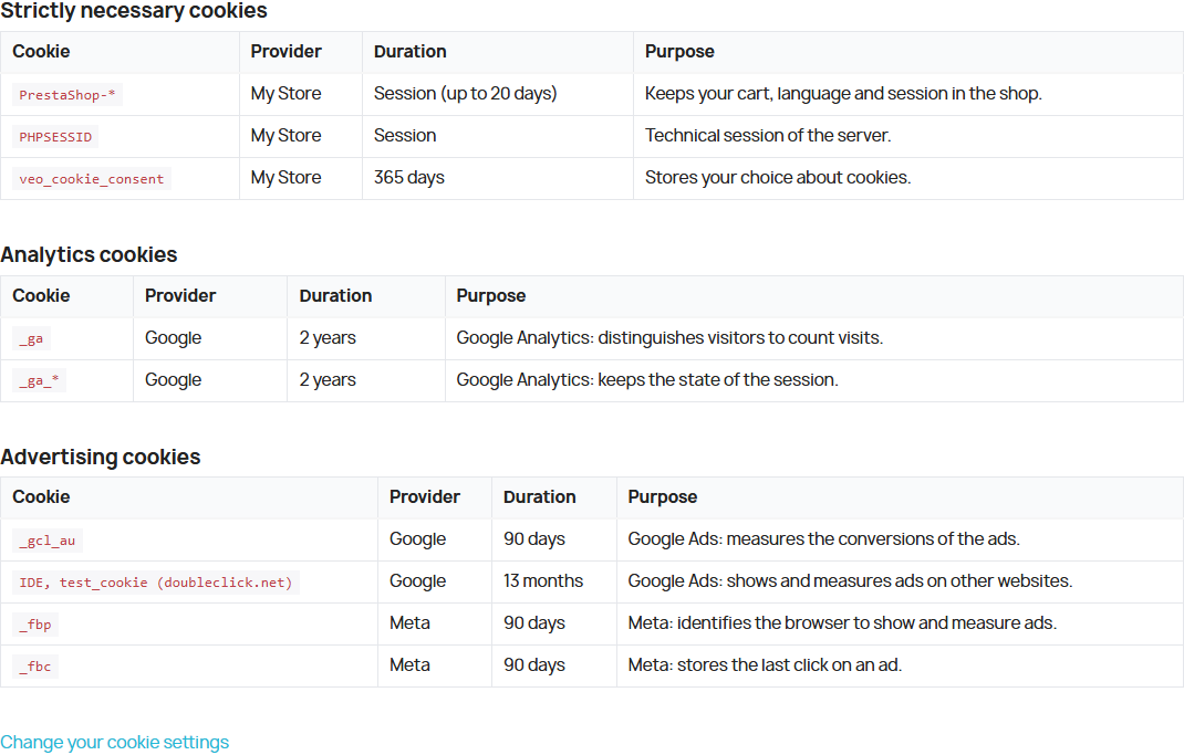 Cookie list generated in the cookie policy