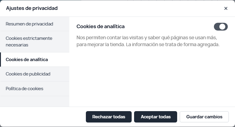 Panel de configuración de cookies por categorías