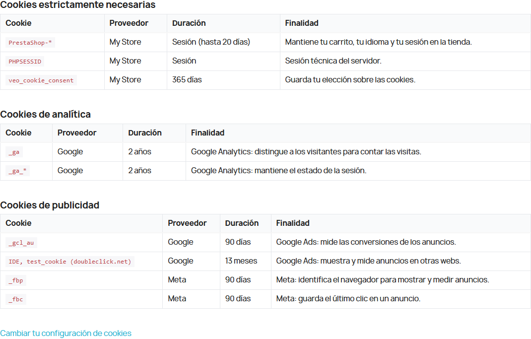 Lista de cookies generada en la política de cookies