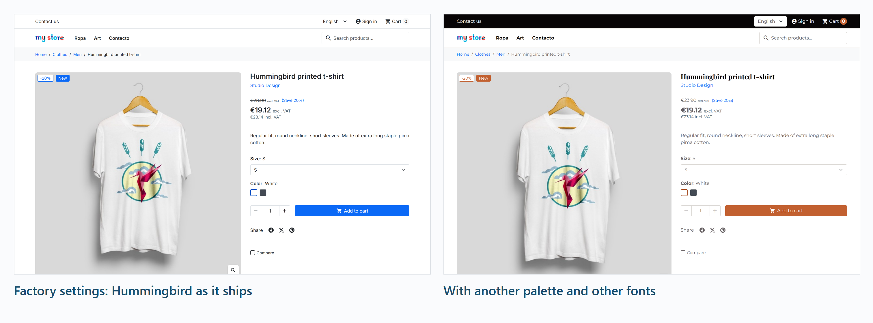 Hummingbird product page before and after changing the palette and fonts