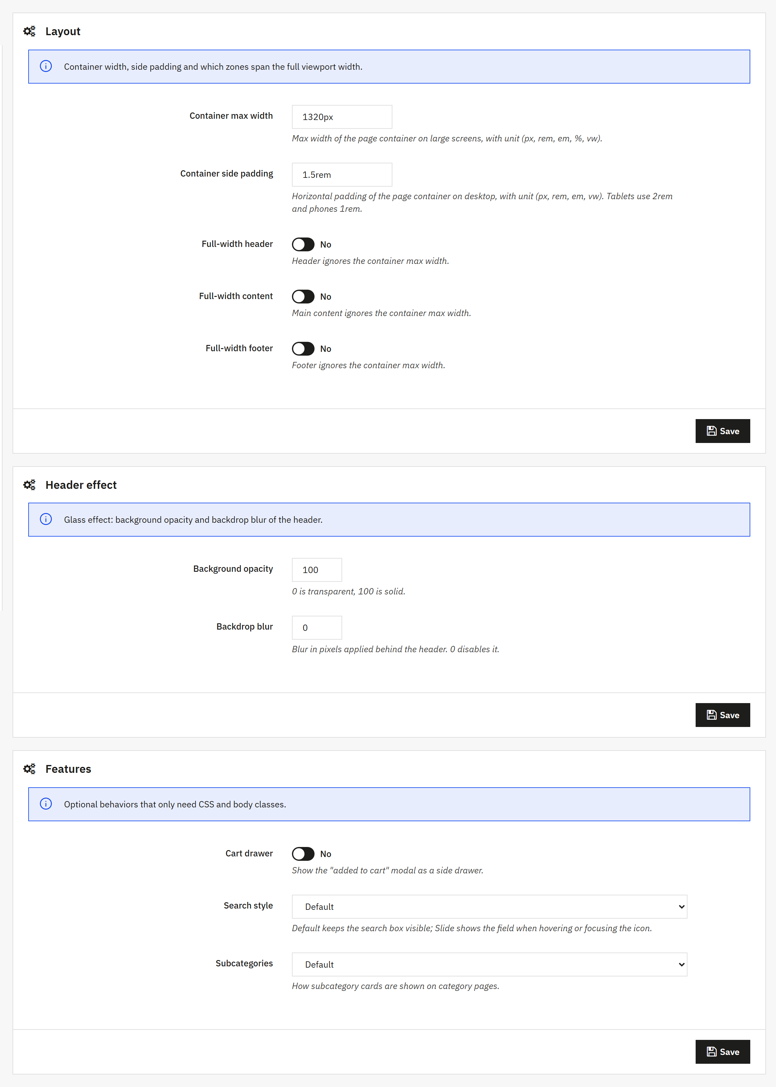 Container width, glass header and Hummingbird theme options