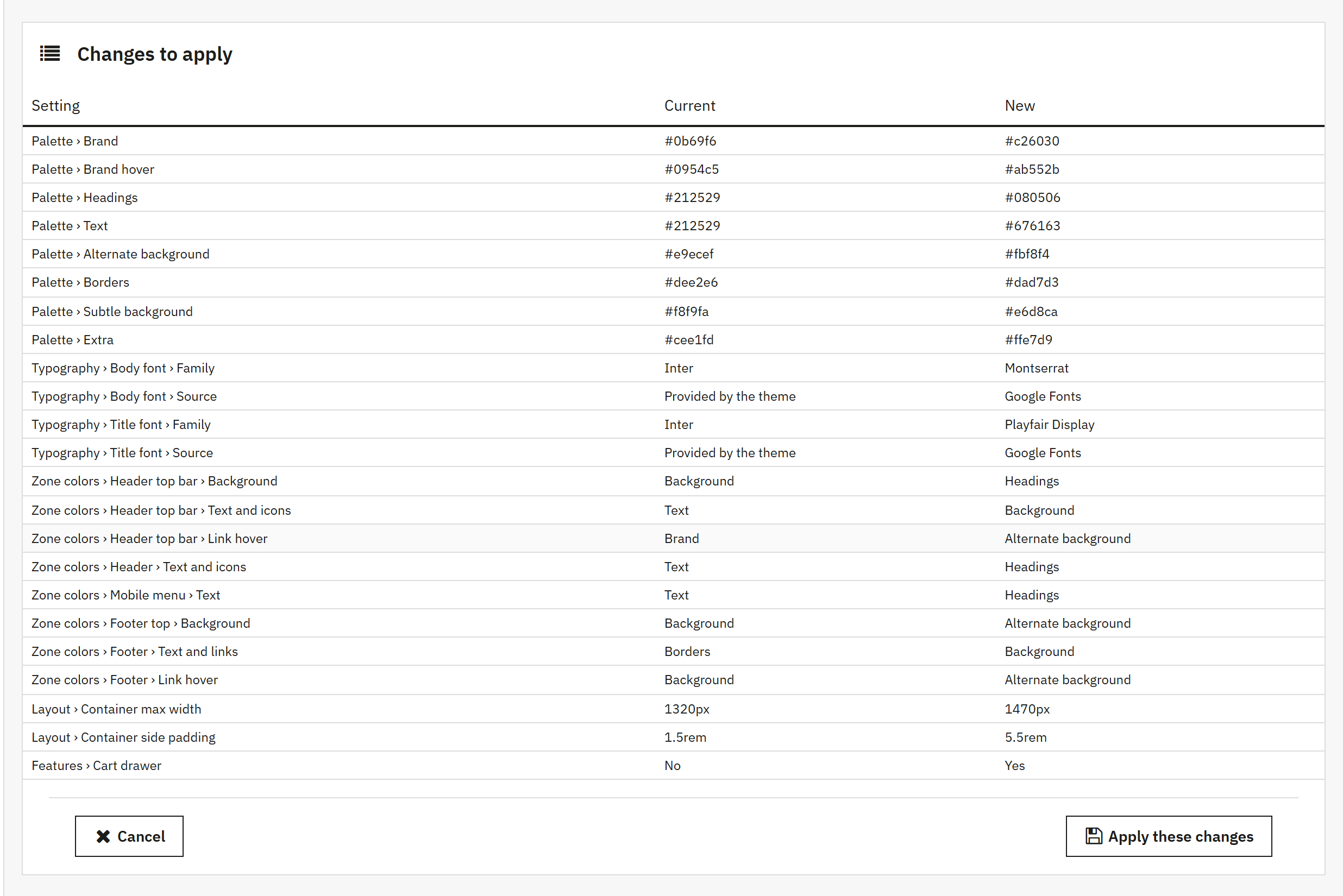 Review of changes before importing the theme settings