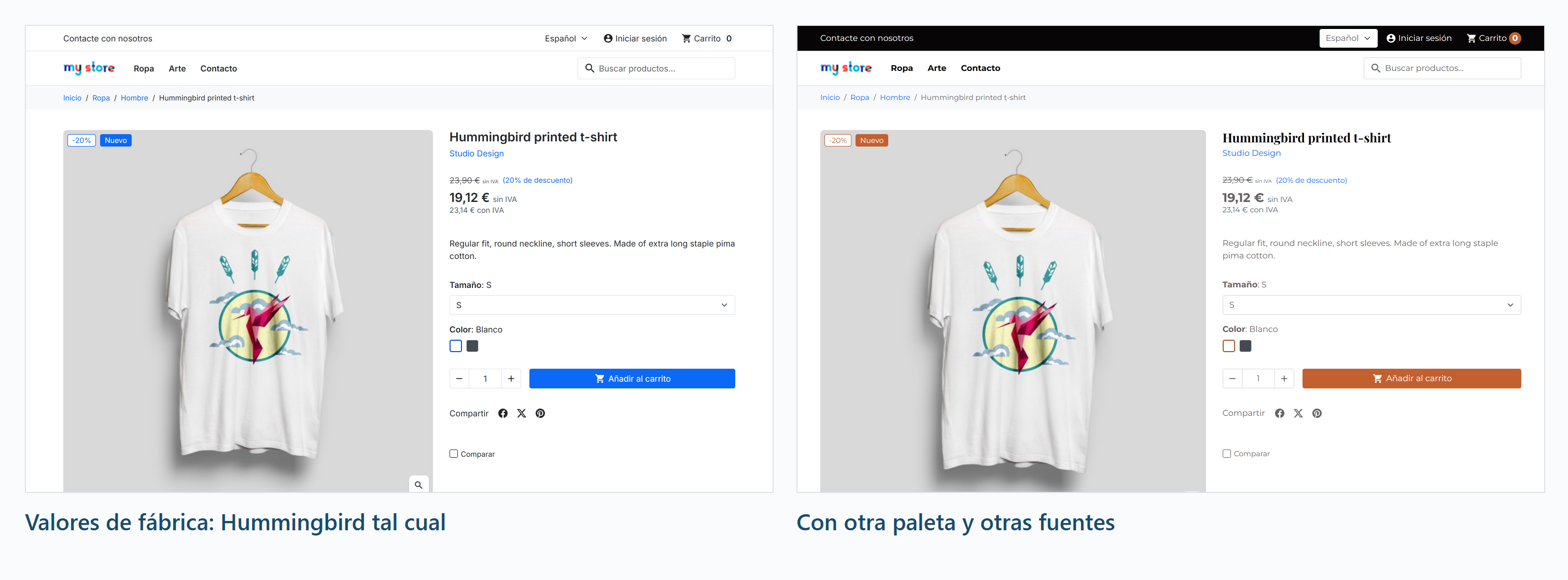 Ficha de producto de Hummingbird antes y después de cambiar la paleta y las fuentes