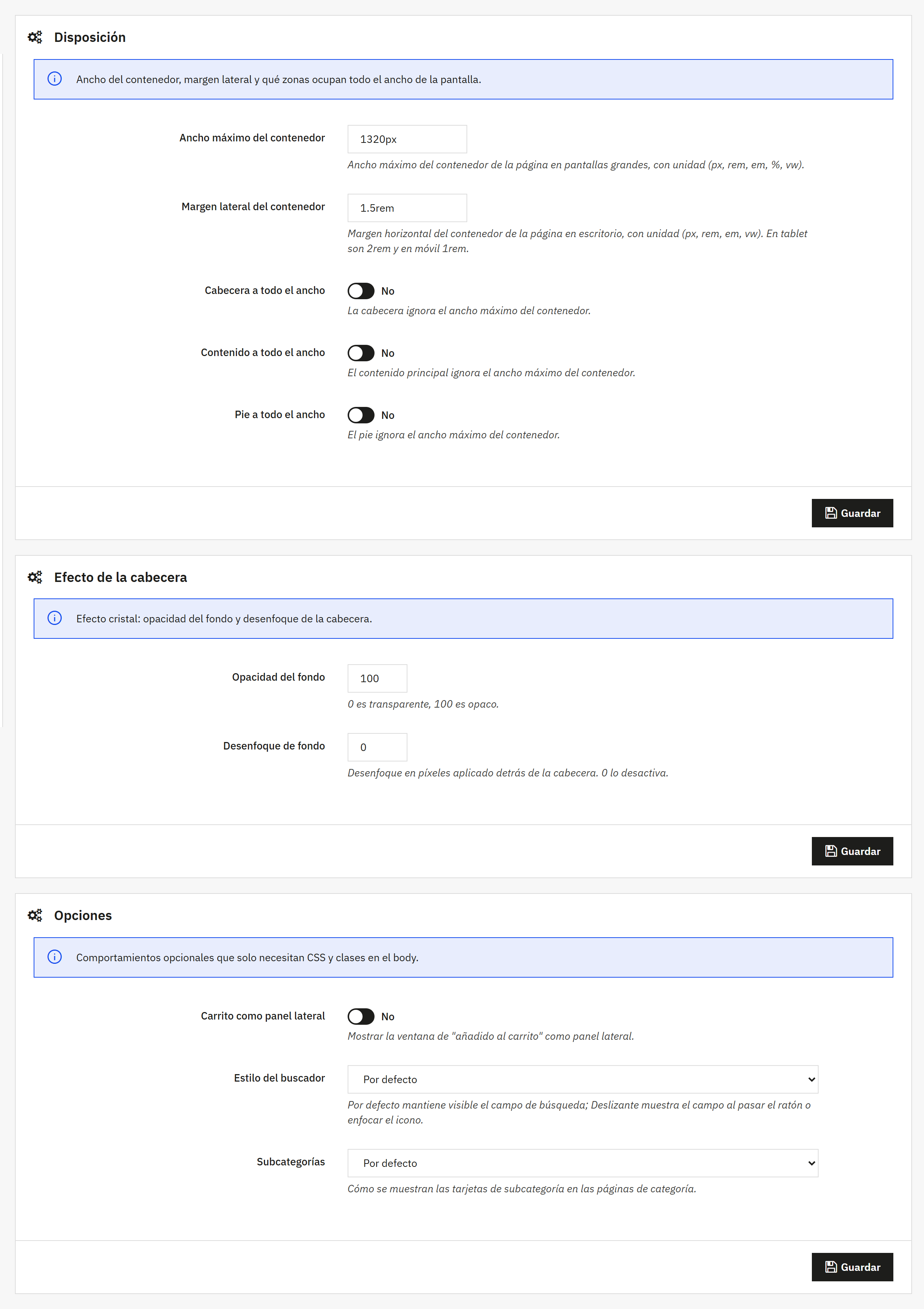 Ancho del contenedor, cabecera de cristal y opciones del tema Hummingbird