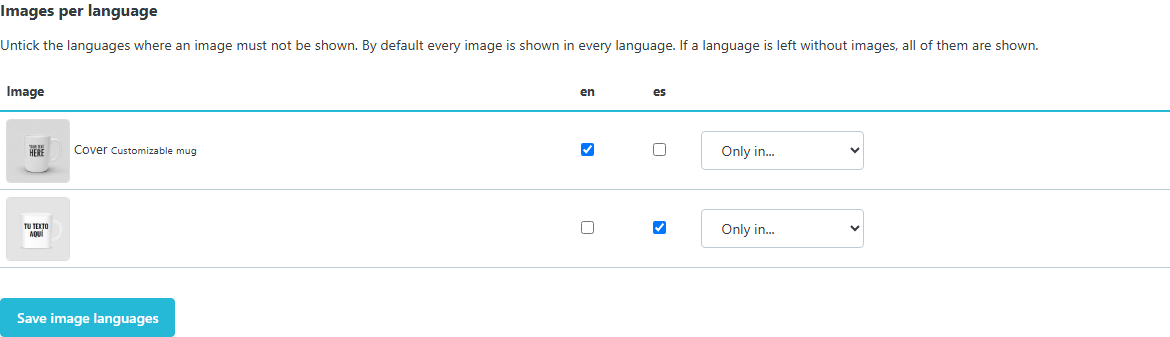 Languages of each image in the back office product page