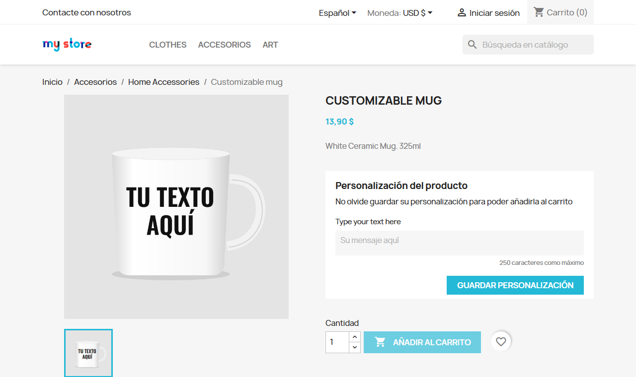 Ficha de producto con la imagen del idioma del cliente