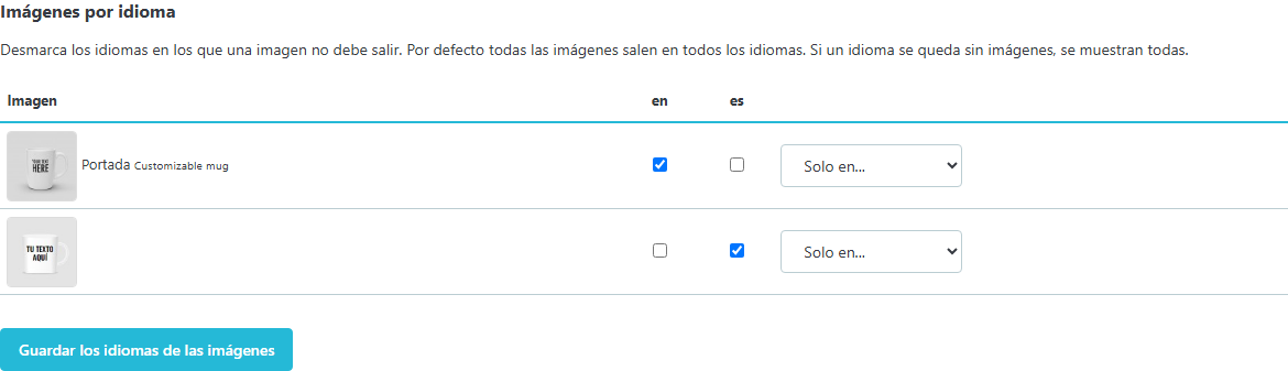 Idiomas de cada imagen en la ficha del back office