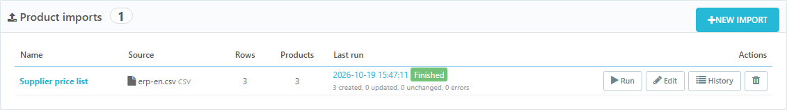 Saved imports with their last run