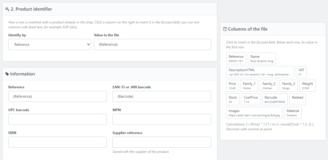 Mapping file columns to product fields