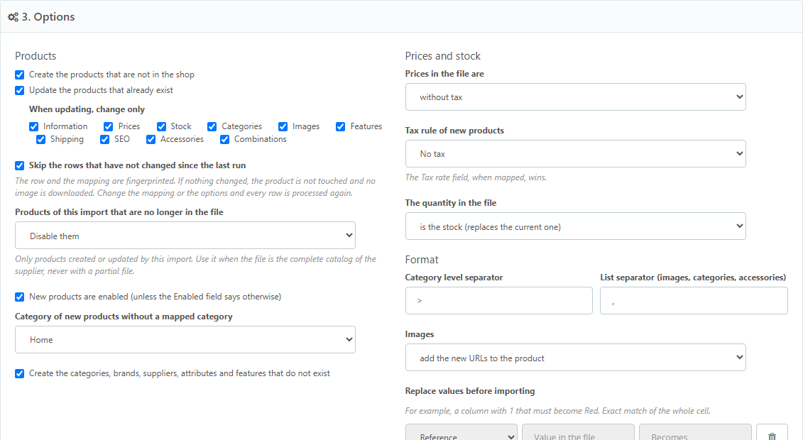 Create, update and unchanged rows options