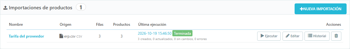 Lista de importaciones guardadas con su última ejecución