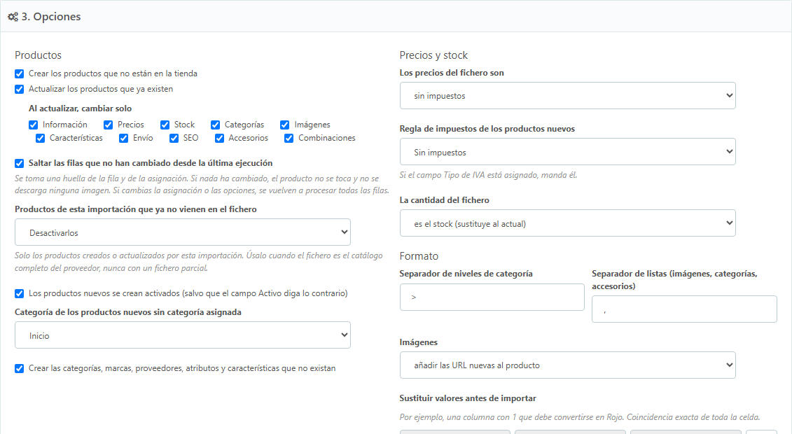 Opciones de creación, actualización y filas sin cambios