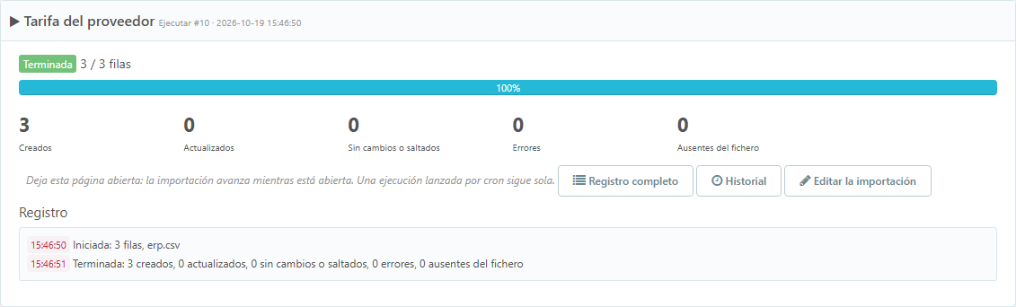 Ejecución con progreso, contadores y registro