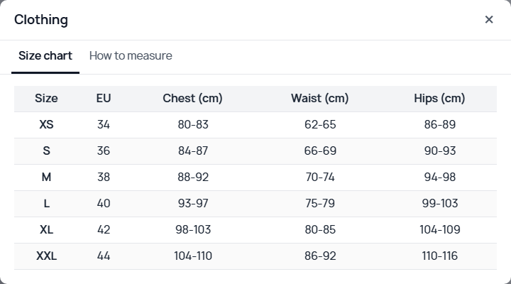 Clothing size chart in a window